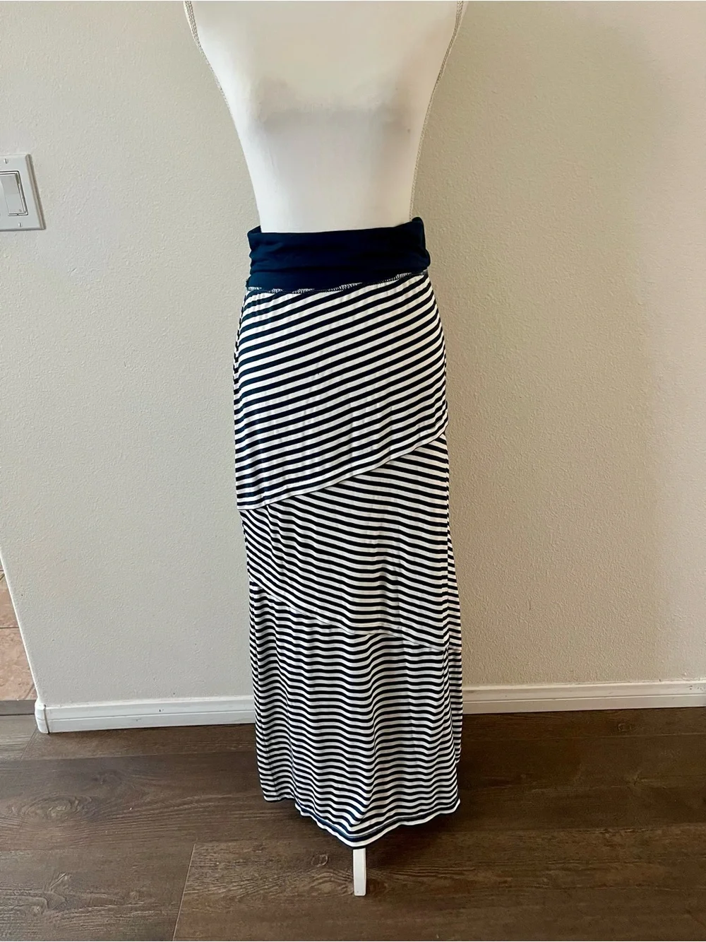 Max Studio Navy and White Striped Fold-Over Waist Maxi Skirt
